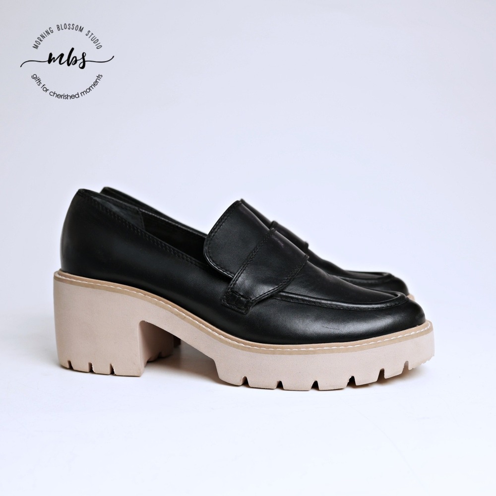 Dolce Vita Halona Leather Chunky Lug Sole Penny Platform Loafers Black Women 9.5
